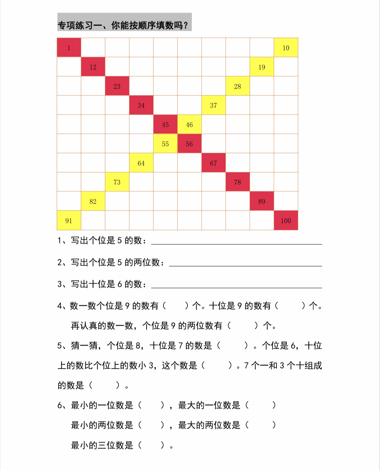 百数表图 一年级题目图片