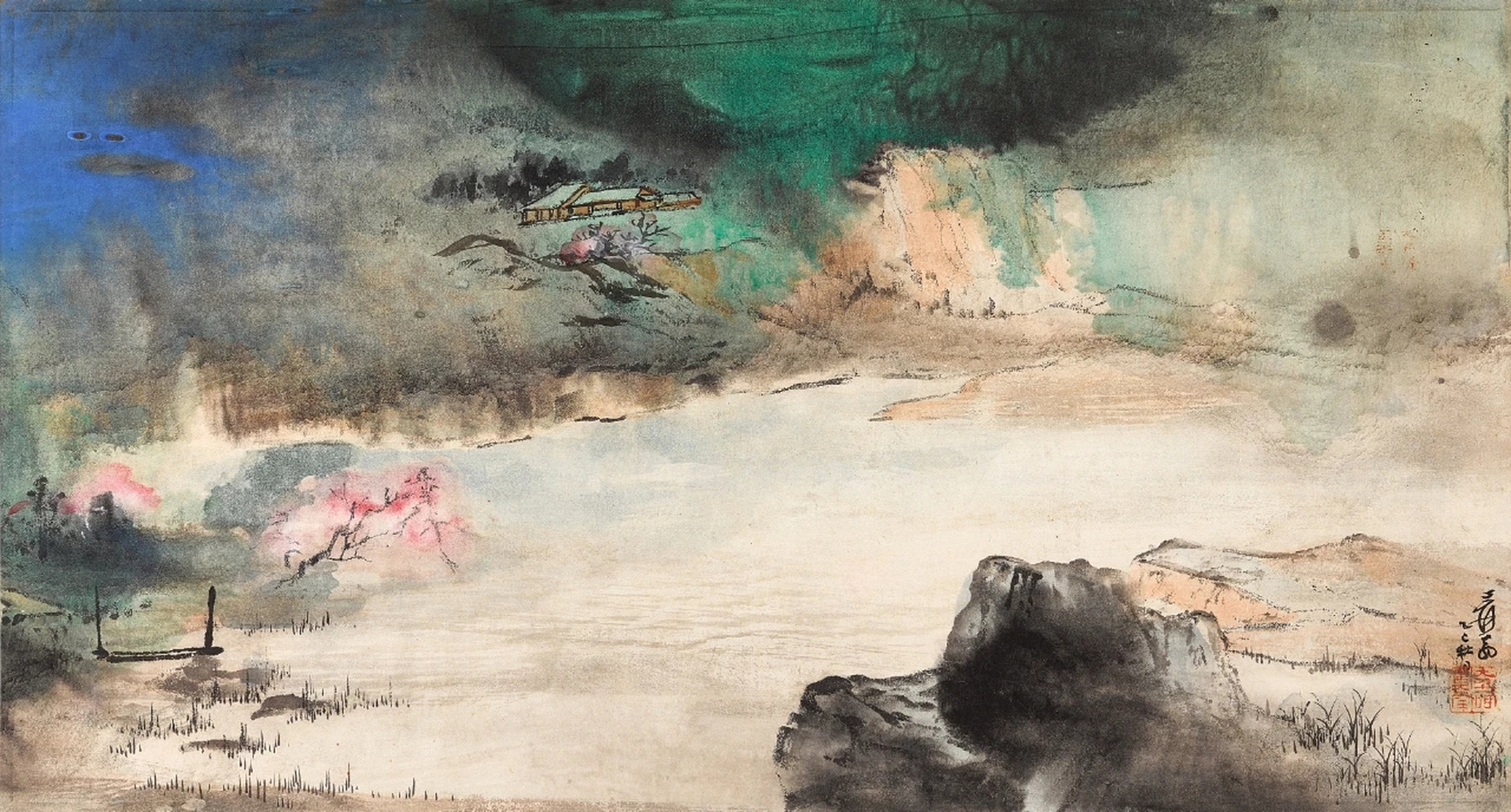 张大千泼墨画作 春水泛舟