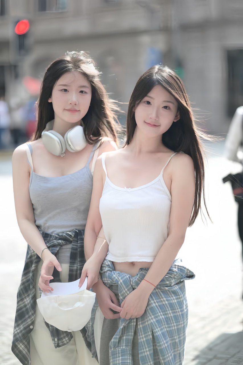 街头中亮眼的清纯姐妹花