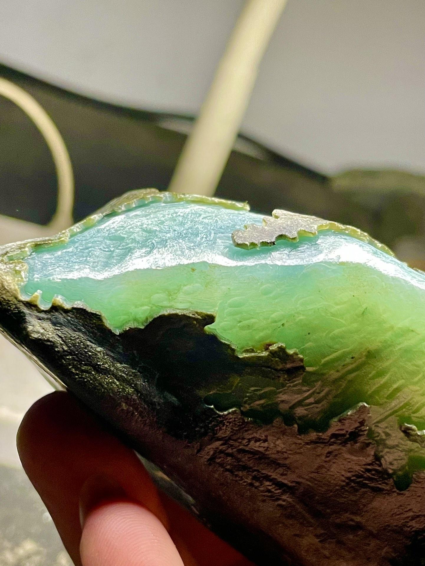 开窗冰飘花的翡翠原石,颜色漂亮,有飘花一打灯全都绿了!