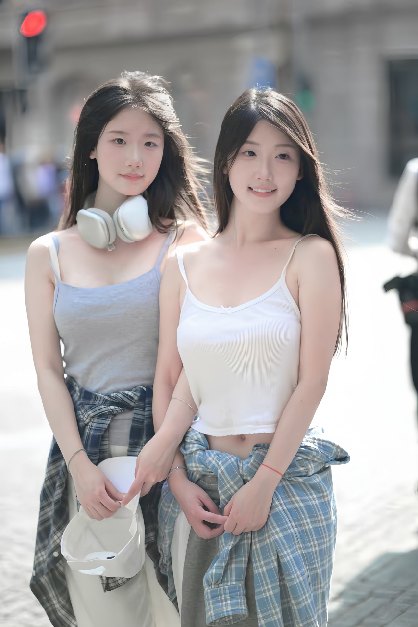街头中亮眼的清纯姐妹花
