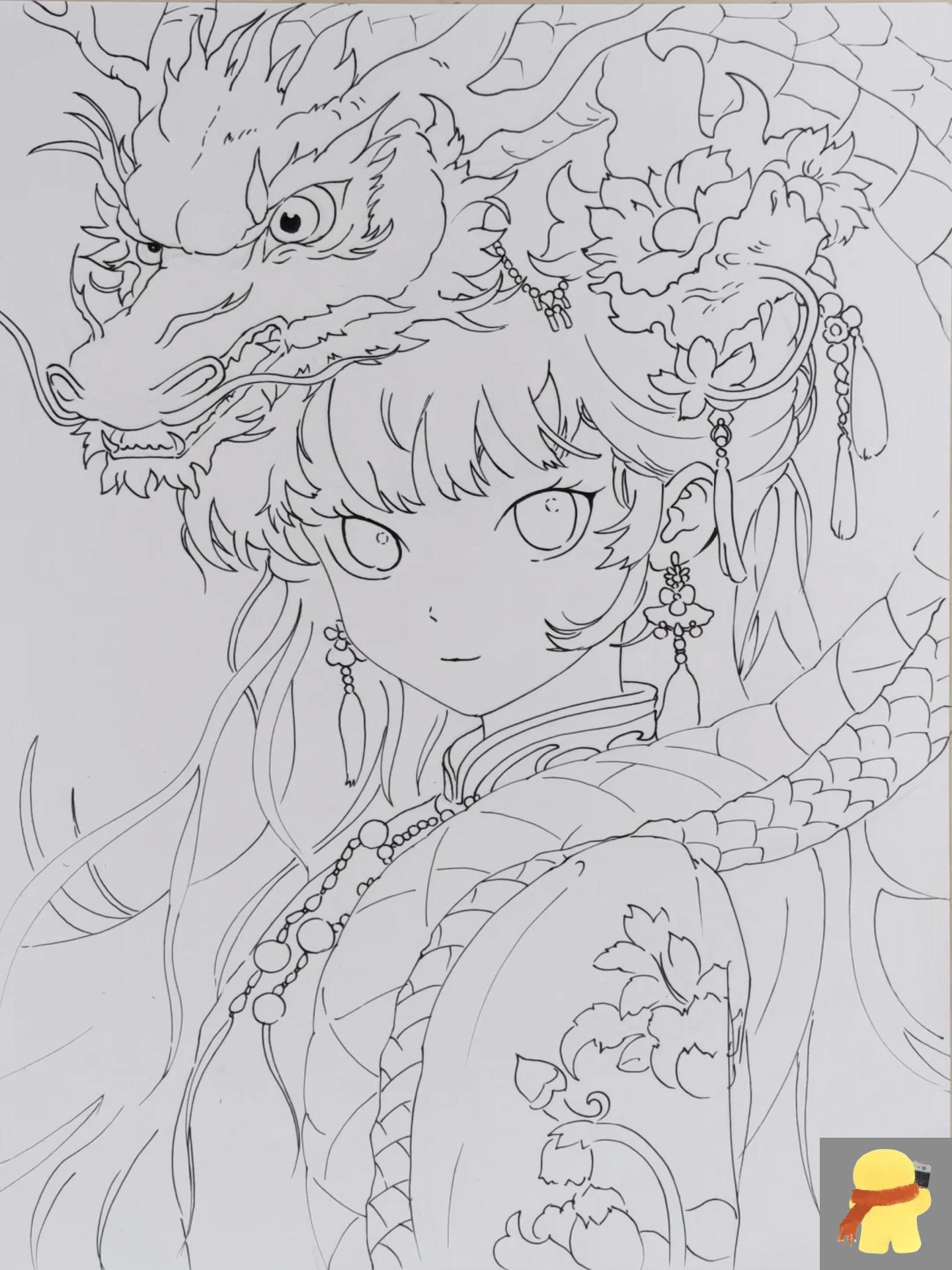 国风龙与少女少年临摹线稿