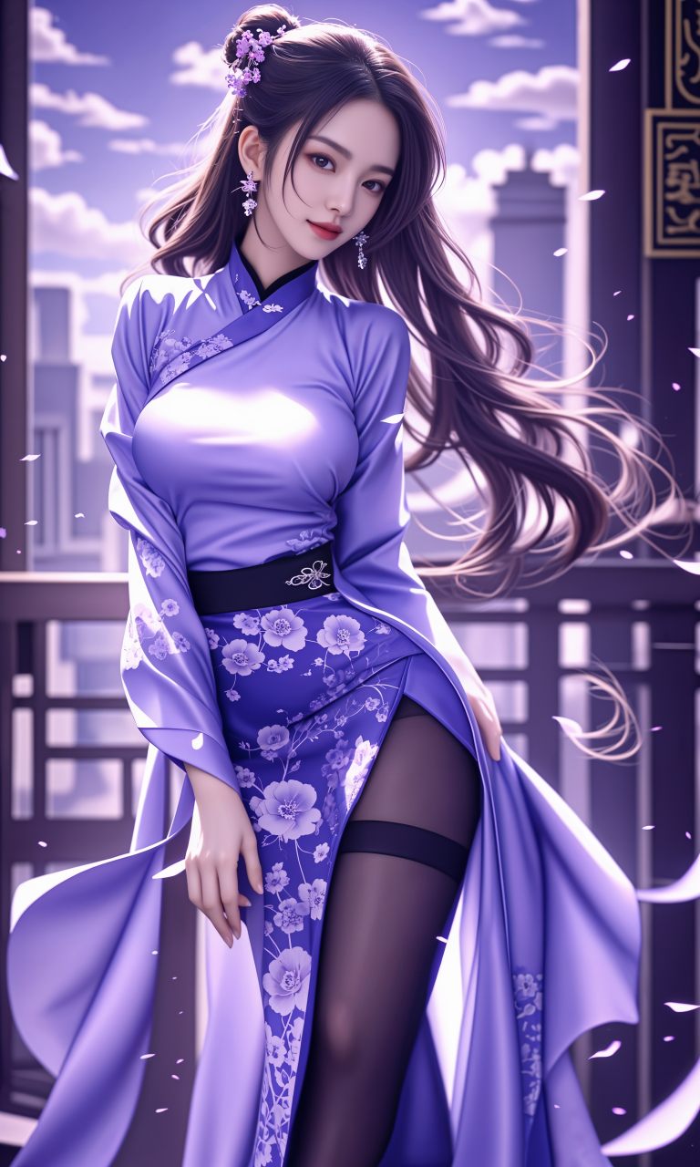 ai美女图片# #美女# #ai美女壁纸# 	雪后的庭院中,紫色汉服美女静立