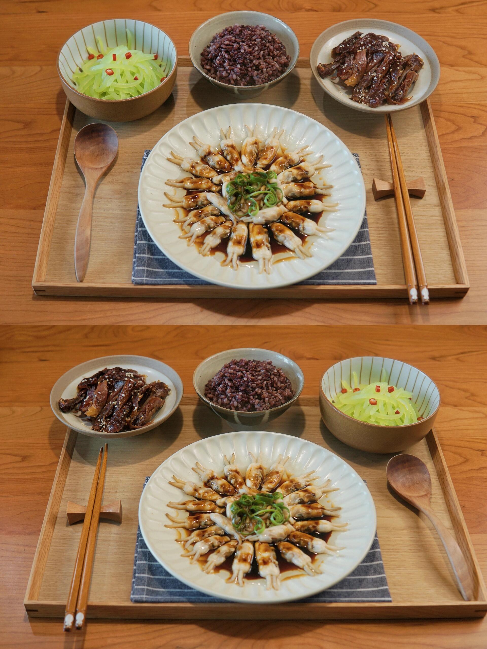 一人食|葱油蛏子 手撕酱鸭 清炒莴笋|||今日餐单 主菜:葱油蛏子 佐餐