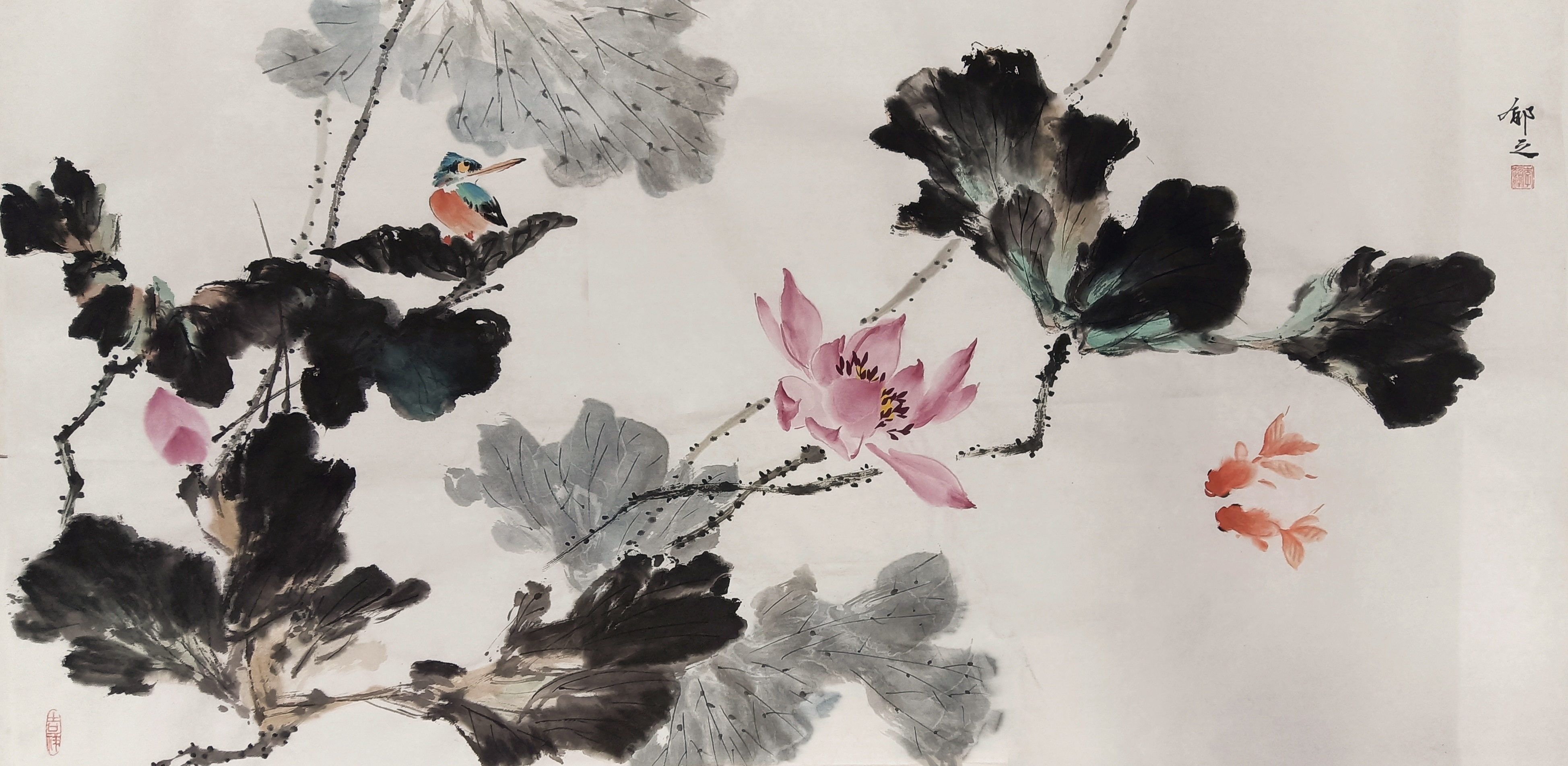 横幅荷花,国画,写意花鸟 三尺:50*100厘米 原创手绘宣纸画心无装裱