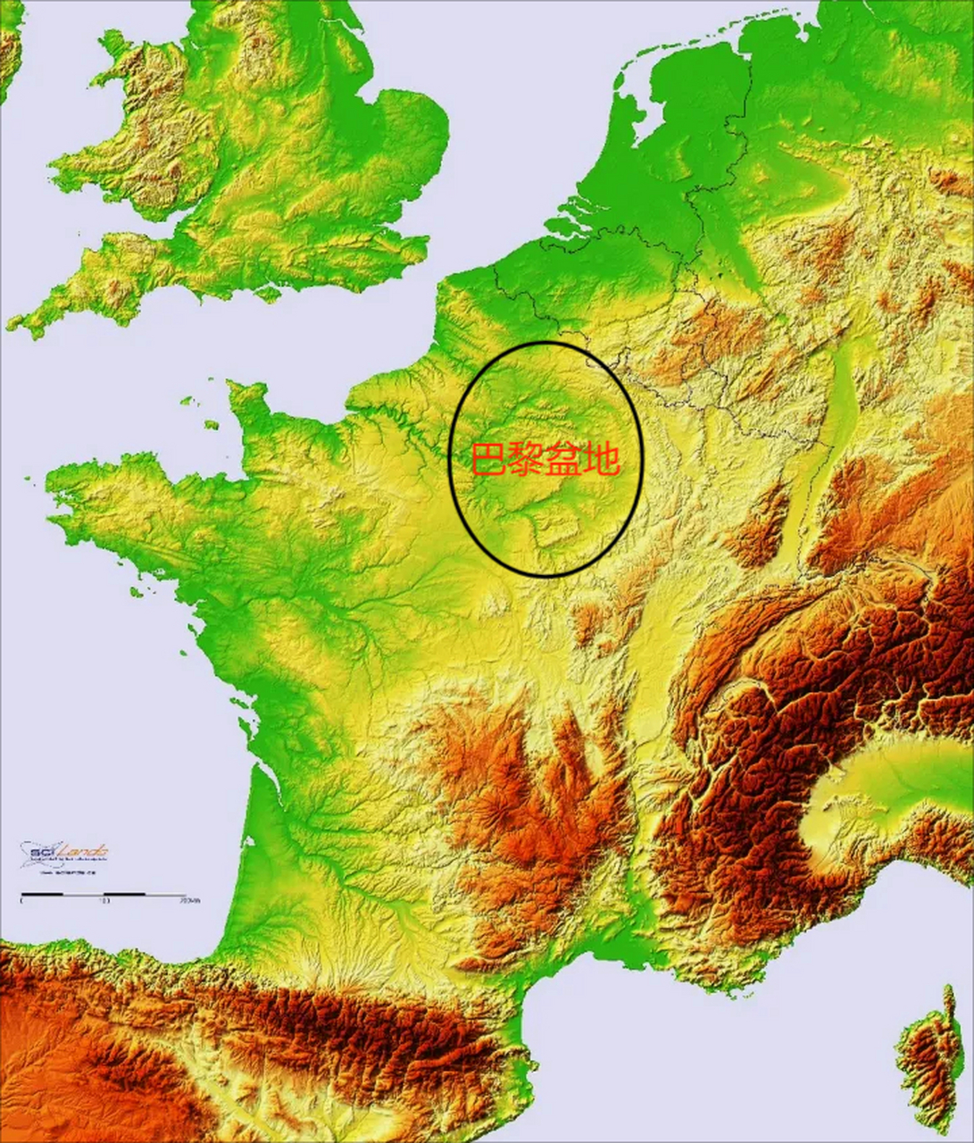巴黎盆地           位于法国北部,范围包括巴黎四周低地,盆地东西宽