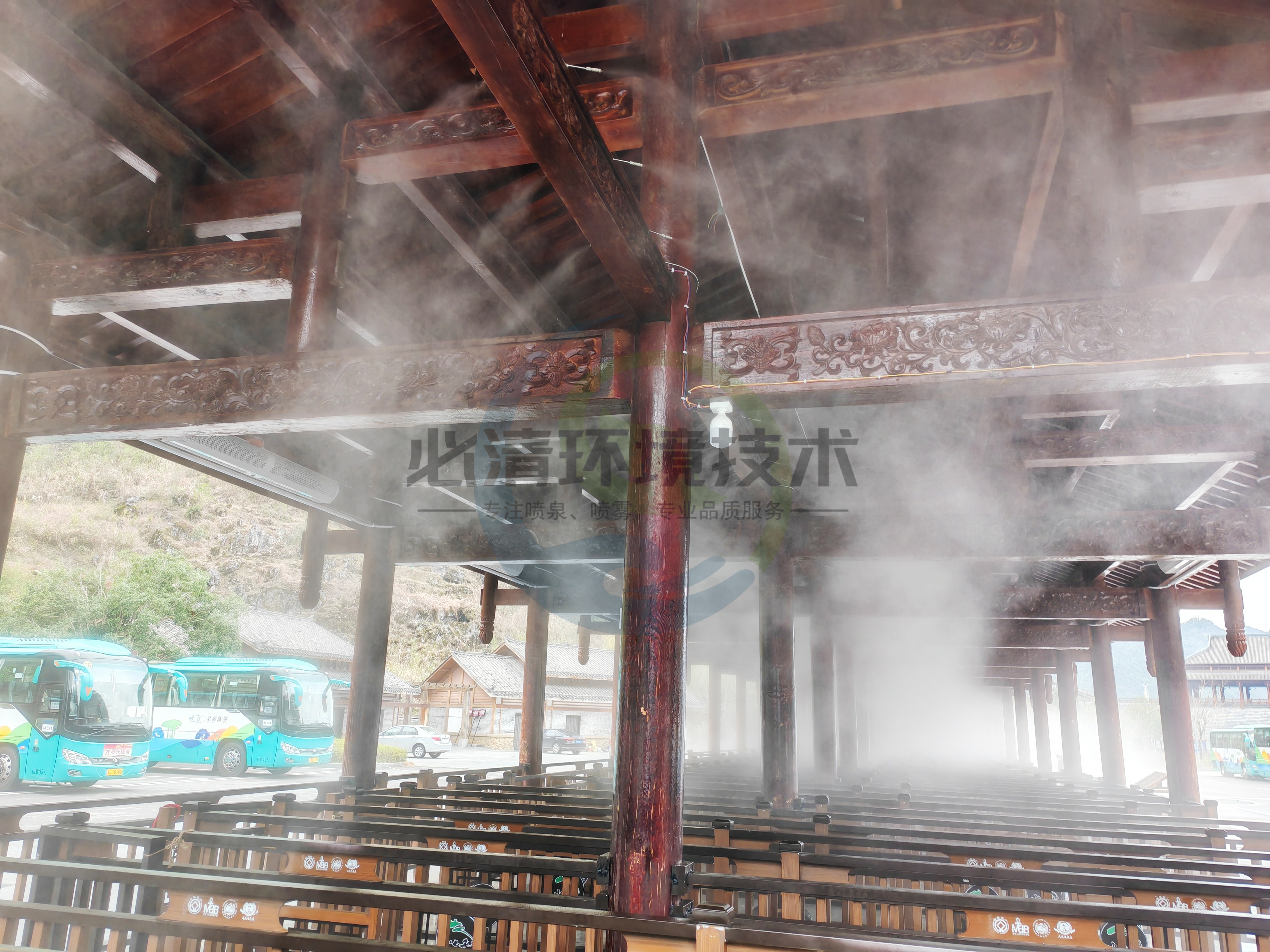 5a景区等候区喷雾降温设备,必清环境技术喷泉喷雾公司