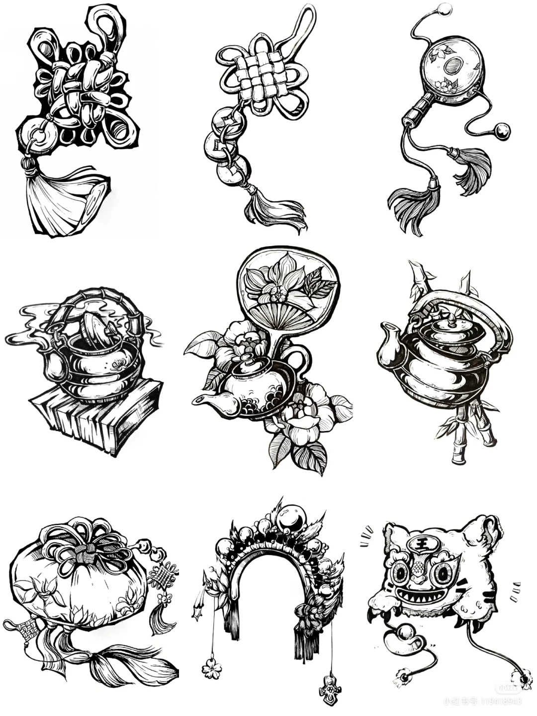 非遗文化元素,手绘!黑白线稿!代画美术比赛作品