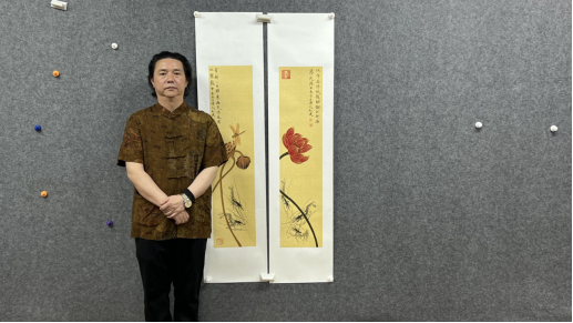 百杰艺术家,荣宝斋签约画家徐红波老师作品《春华秋实》两条屏