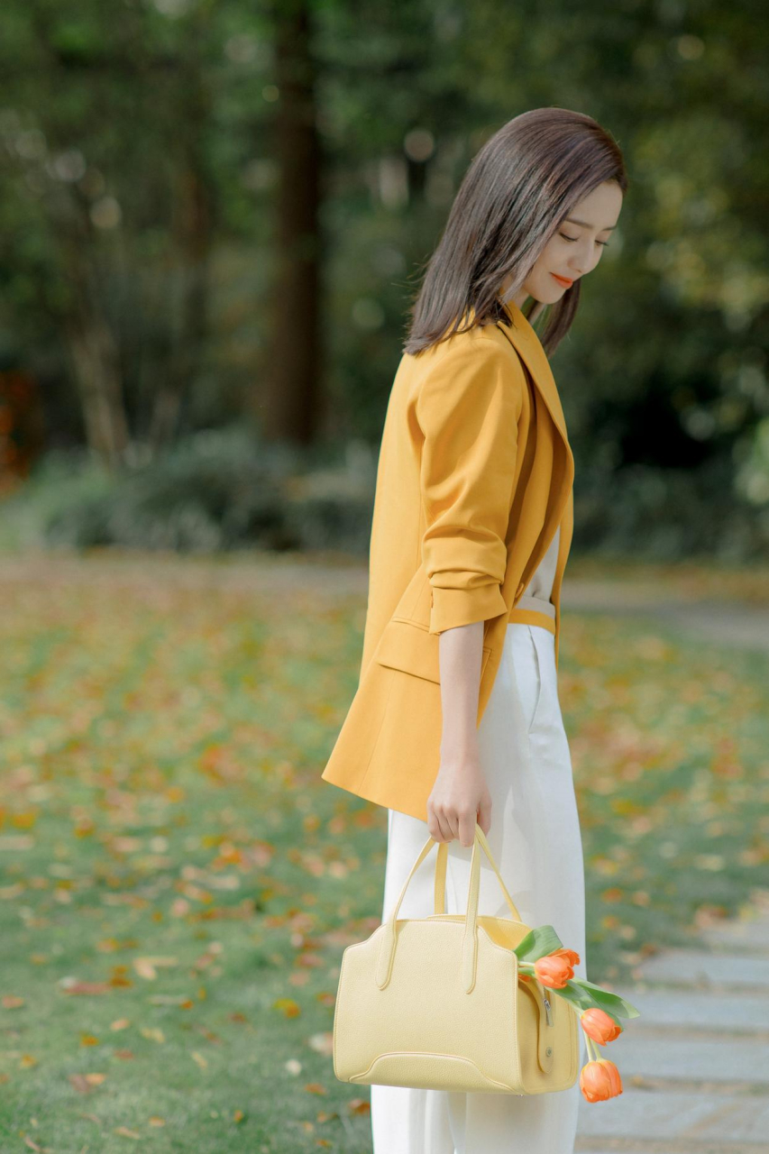 佟丽娅穿职业装郊外散步