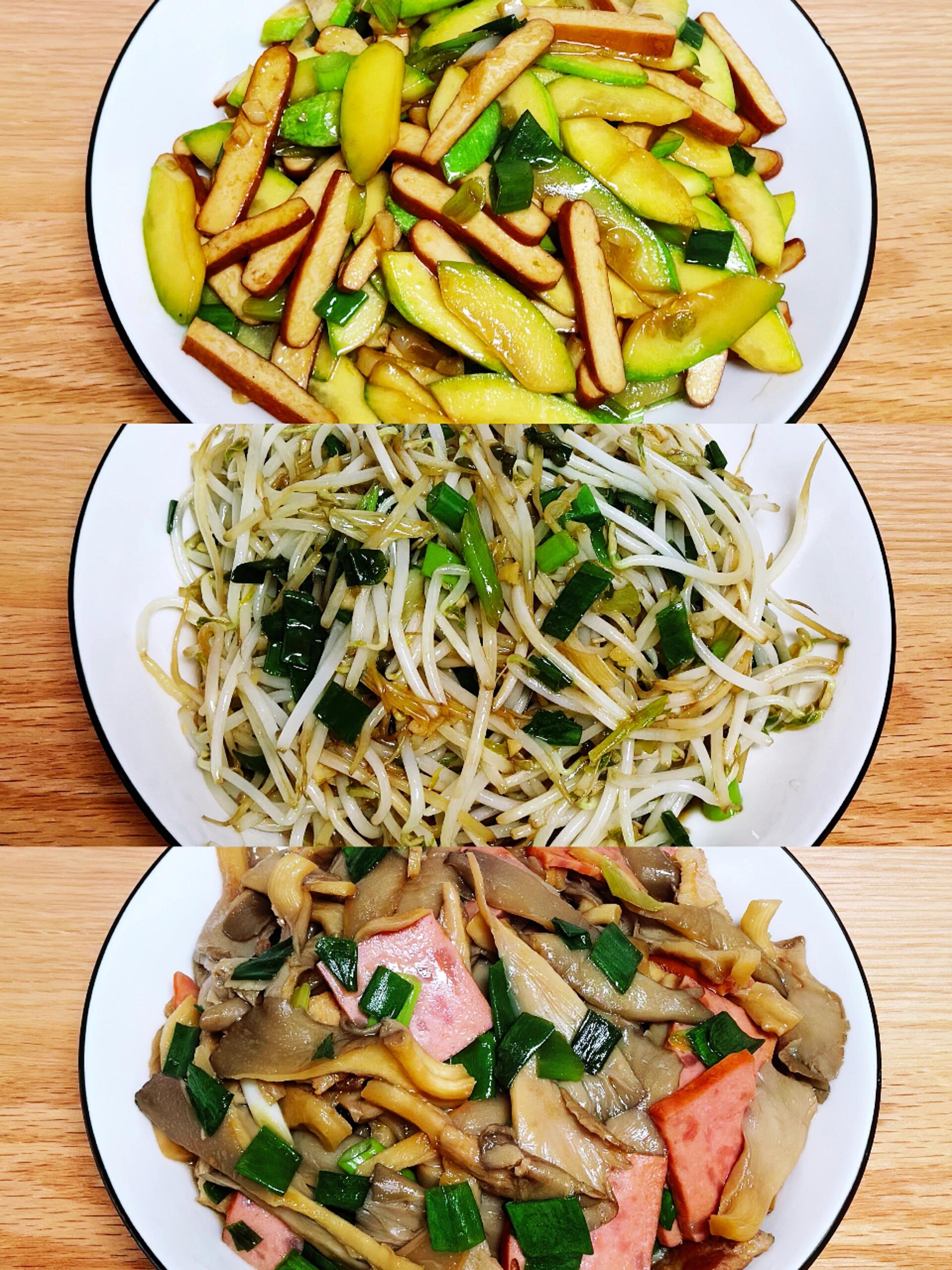 家常便饭 西葫芦炒豆干 清炒豆芽 蘑菇炒肉