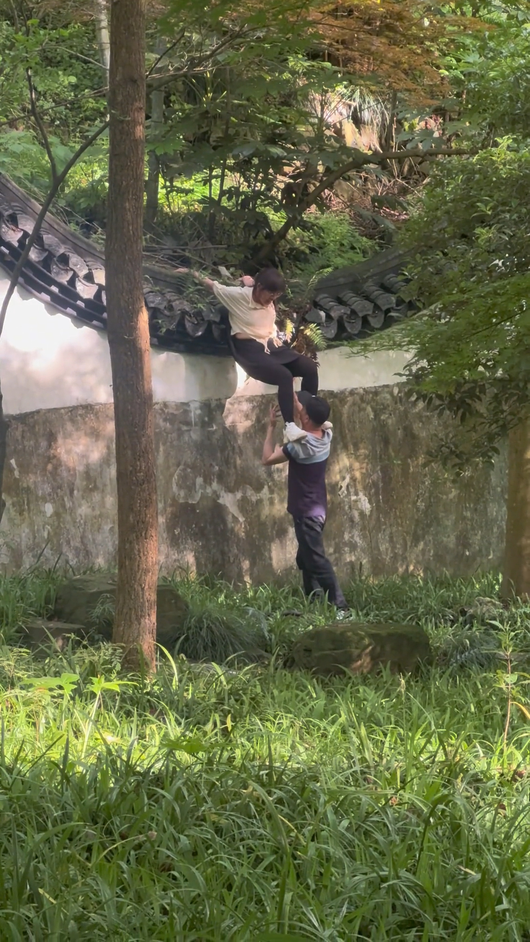 女子翻越围墙,在墙上进退两难,尴尬一幕被旁人拍下