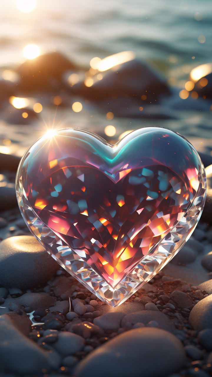 在浩瀚的海洋边缘,静卧着一颗晶莹剔透的心形玻璃物体,它静静地伫立在