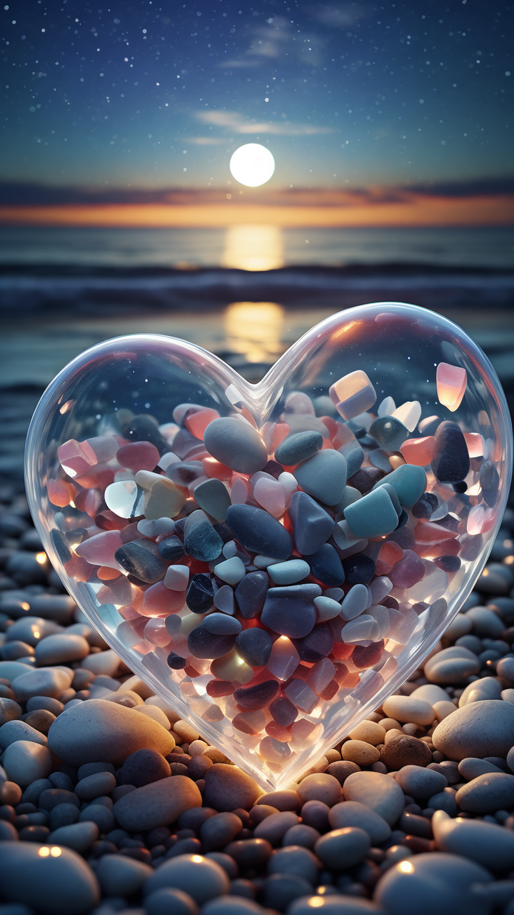 在浩瀚的海洋边缘,静卧着一颗晶莹剔透的心形玻璃物体,它静静地伫立在