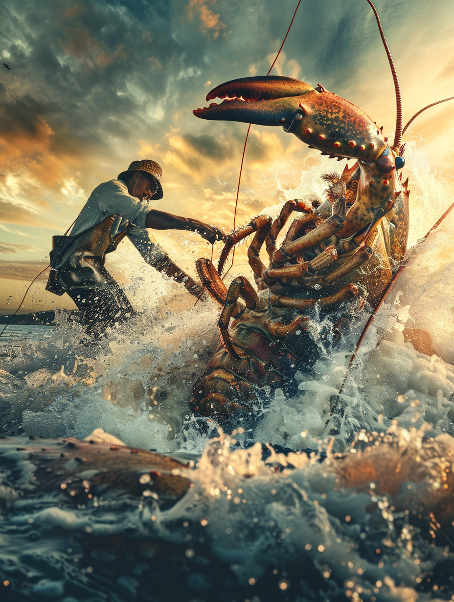 ai绘画:赶海的乐趣,制服巨型大龙虾,大战一触即发,海族大龙虾被制服!