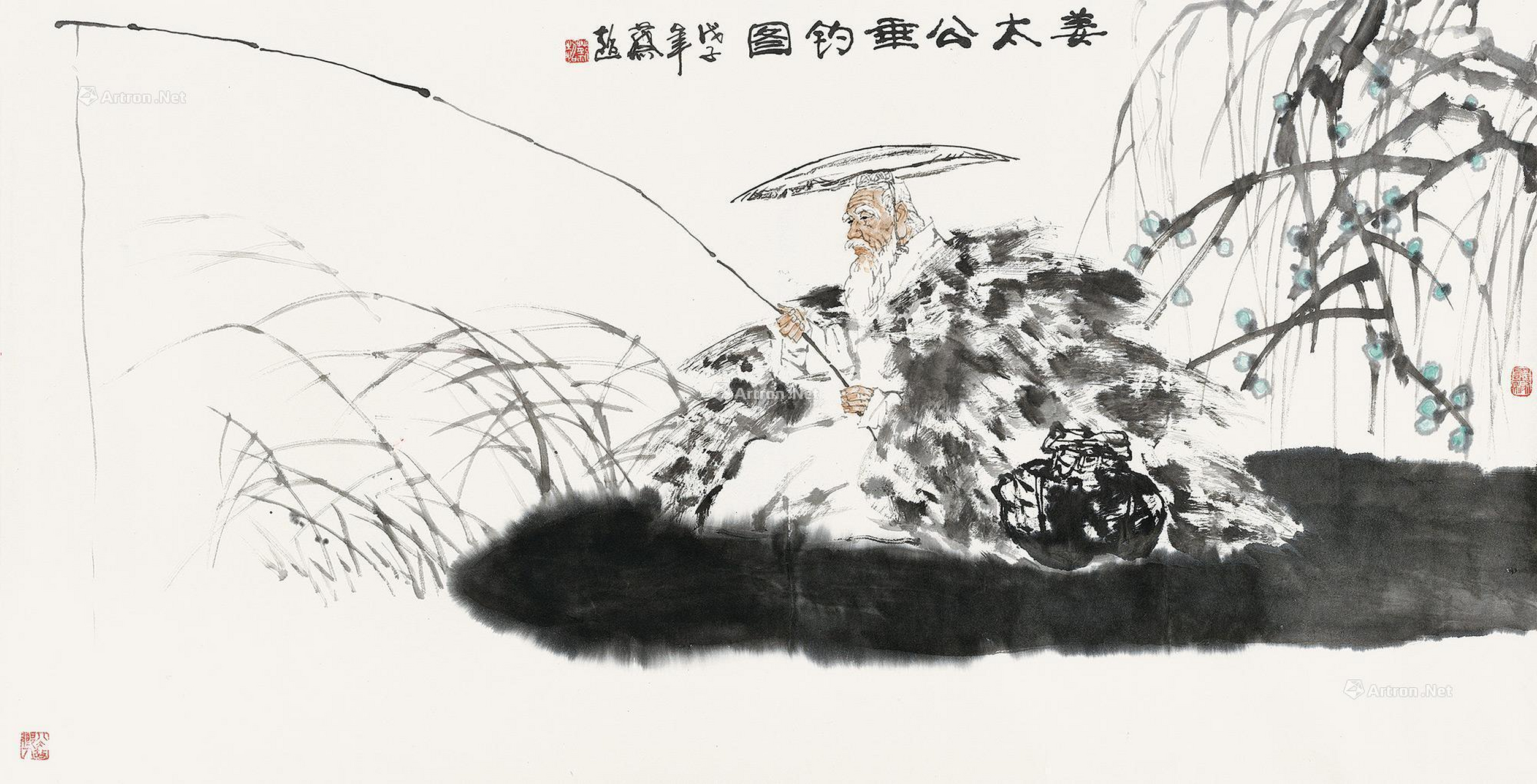 姜子牙因不满殷纣王暴政辞官隐居,以直钩钓鱼为掩,待贤君.