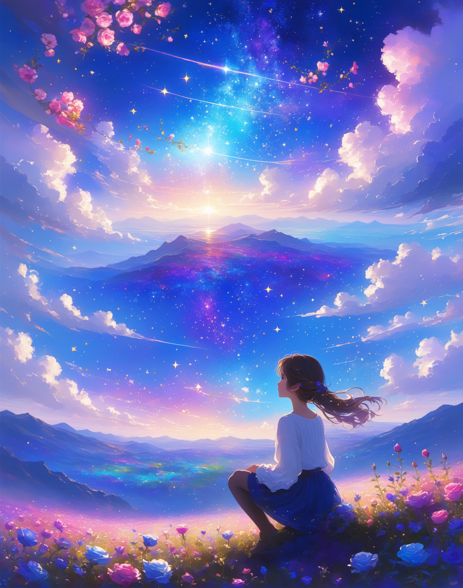 花海星空下的白衣少女