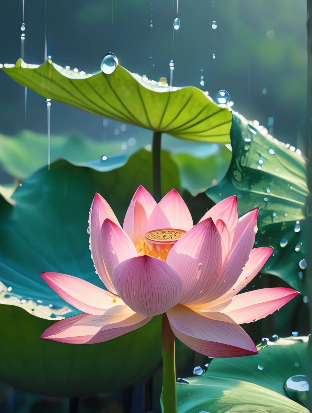 夏至荷塘翠欲滴,雨后荷花更清新. 露珠滚动叶尖挂,粉白相间画中行