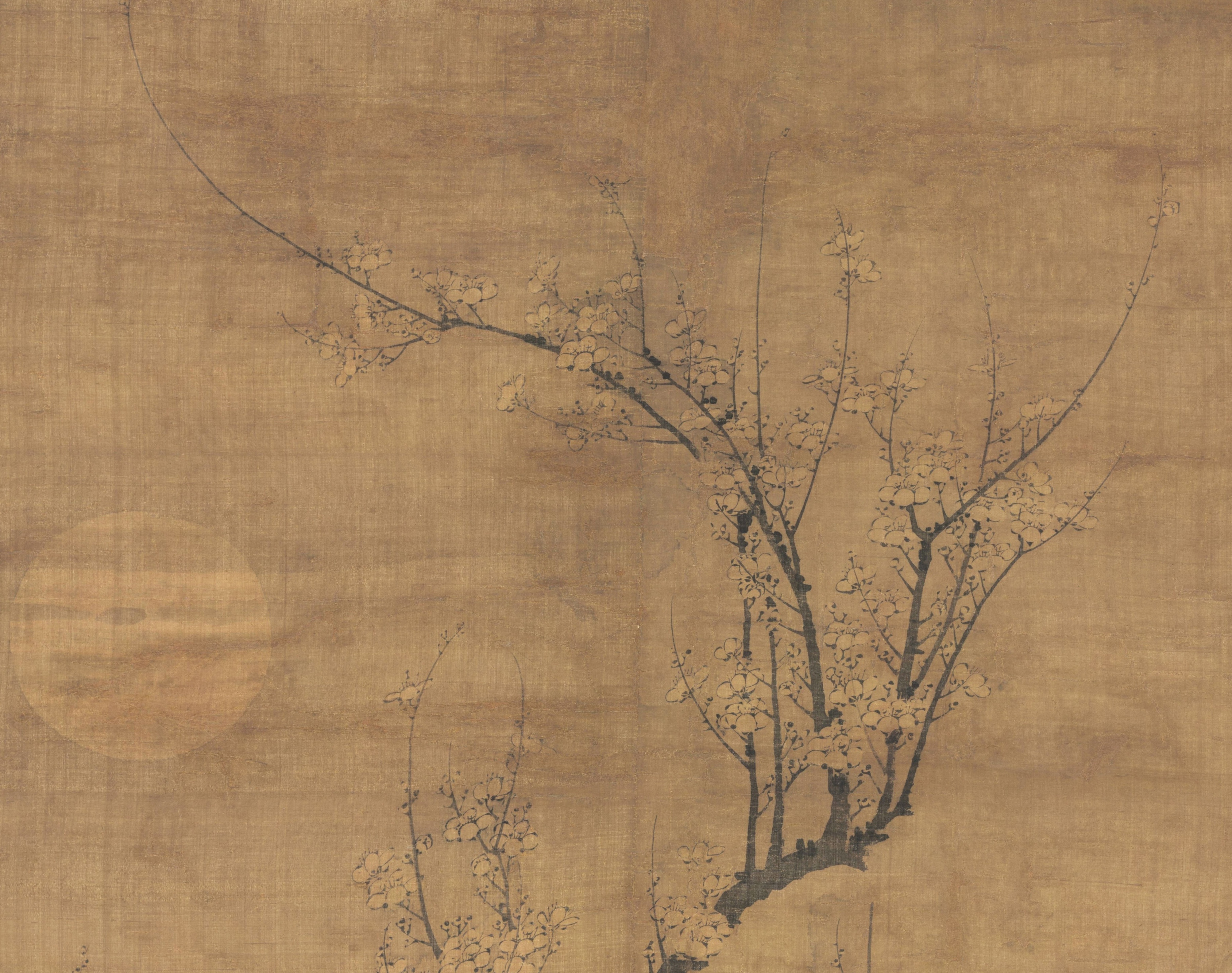 元代画家王冕《月下梅花图》高清 绘一轮圆月下古梅矗立,梅枝遒劲粗壮