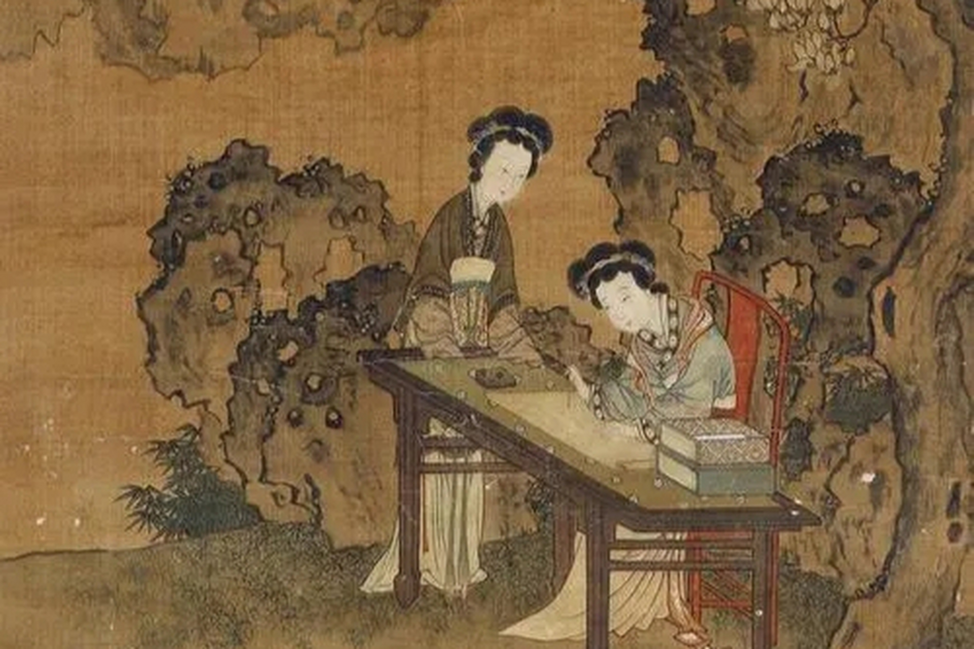 明代唐寅杰作,身姿曼妙的华丽女子与娇艳欲滴的牡丹相互映衬.