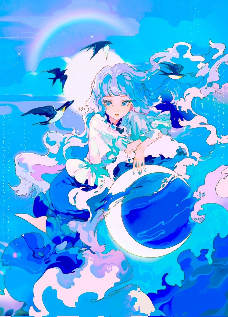 插画师riness(twi:riness777)的一组蓝色系少女插画,高饱和的绚丽色彩