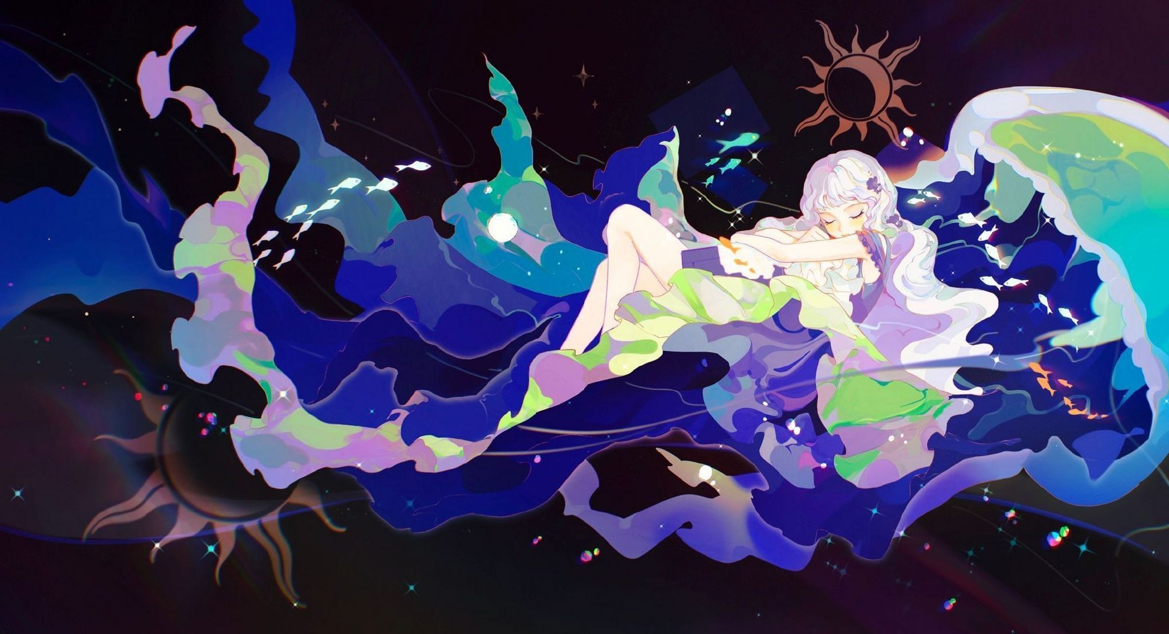 插画师riness(twi:riness777)的一组蓝色系少女插画,高饱和的绚丽色彩