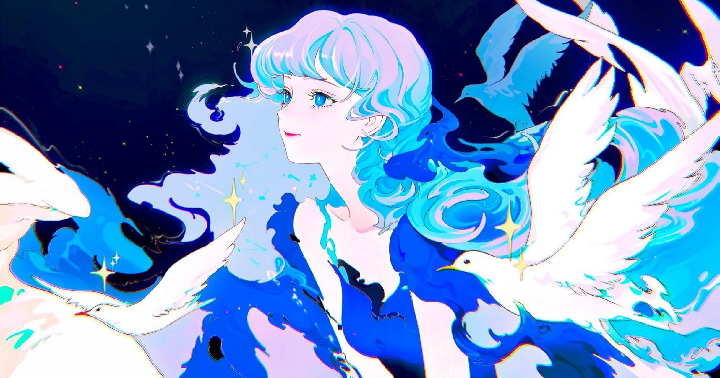 插画师riness(twi:riness777)的一组蓝色系少女插画,高饱和的绚丽色彩