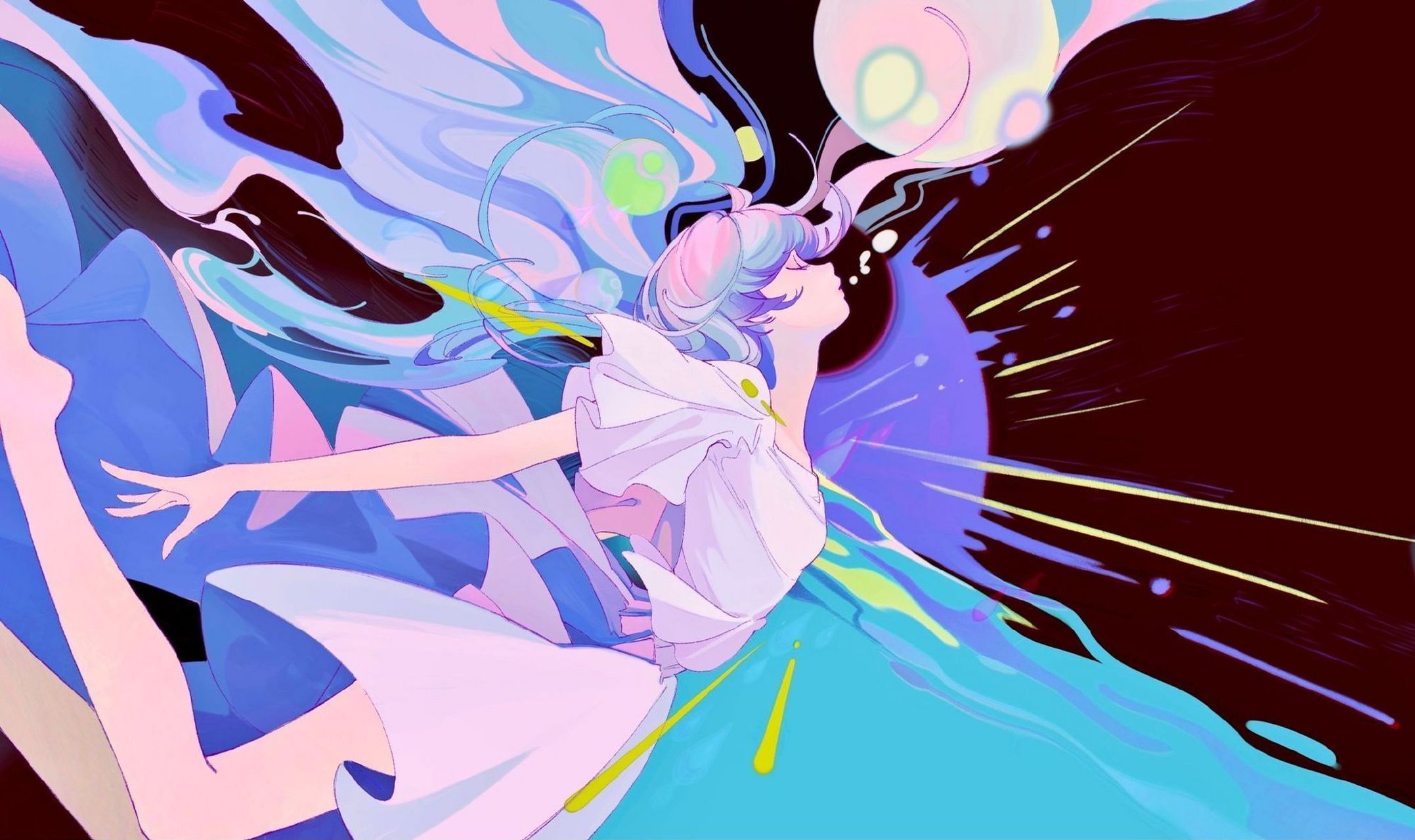 插画师riness(twi:riness777)的一组蓝色系少女插画,高饱和的绚丽色彩