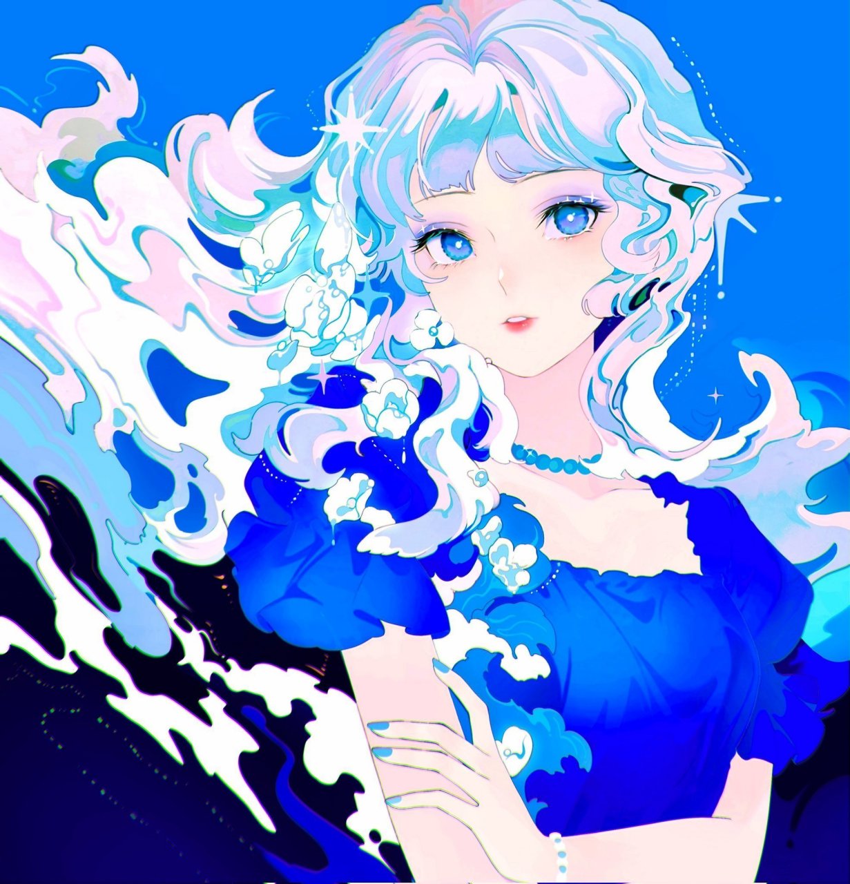 插画师riness(twi:riness777)的一组蓝色系少女插画,高饱和的绚丽色彩