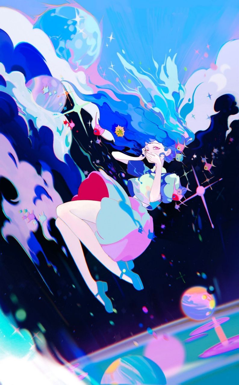 插画师riness(twi:riness777)的一组蓝色系少女插画,高饱和的绚丽色彩