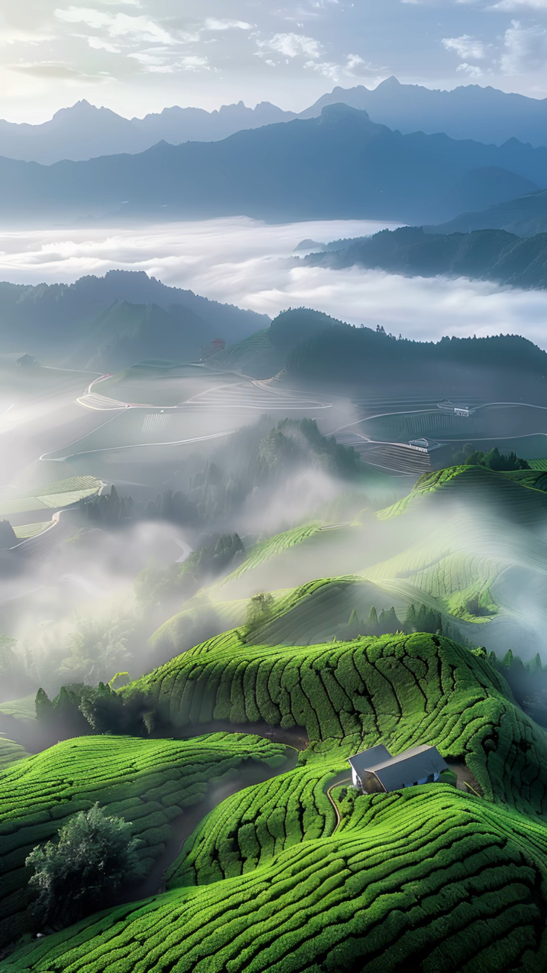 云遮雾绕,绿意盎然,如诗如画,茶园静谧之美尽收眼底!