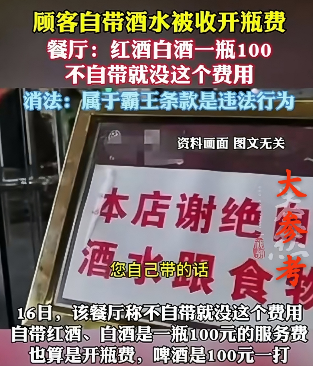商家禁止自带酒水及收取开瓶费用的做法,属于霸王条款!