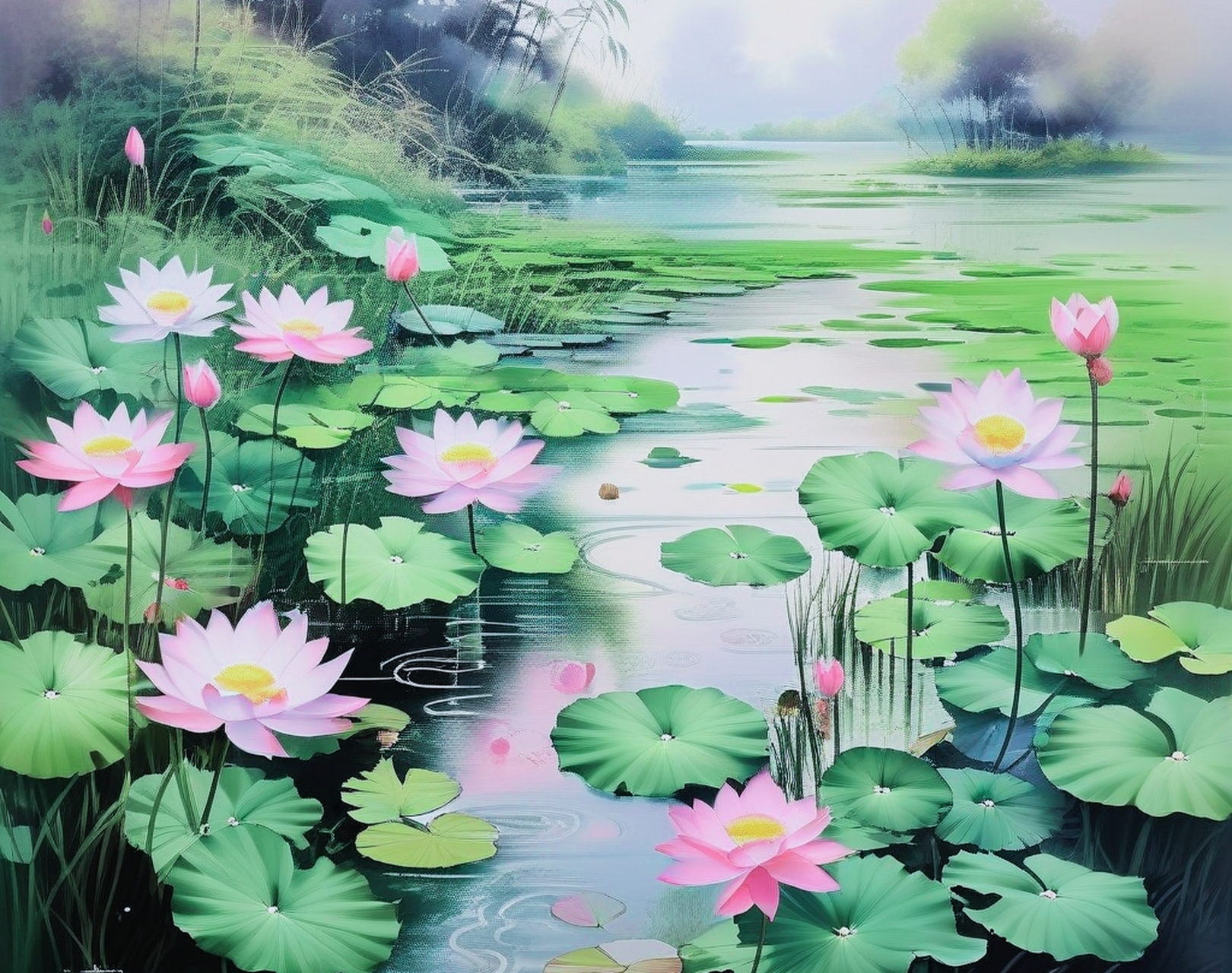 露珠滋润碧叶鲜, 荷花出水映蓝天. 少女含笑采莲子, 清香飘逸鱼儿欢.