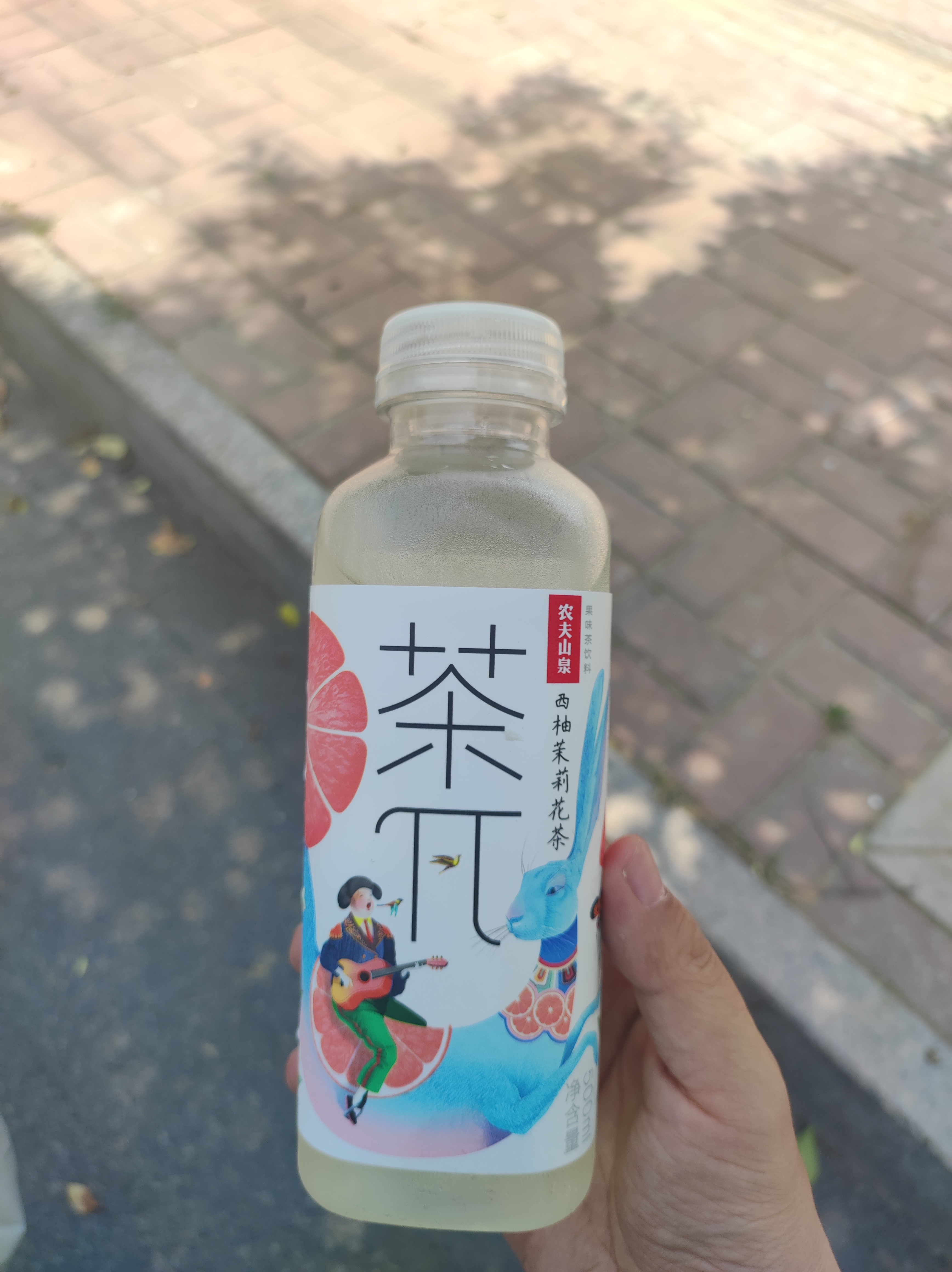 下到城市东郊送货回来的时候花5元买了一瓶冷茶兀西柚茉莉花茶喝