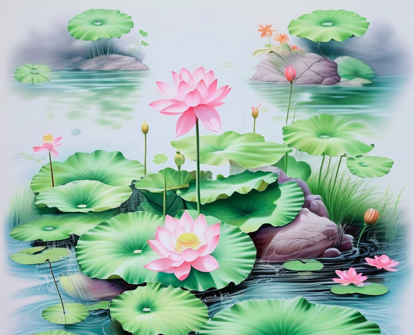 露珠滋润碧叶鲜, 荷花出水映蓝天. 少女含笑采莲子, 清香飘逸鱼儿欢.