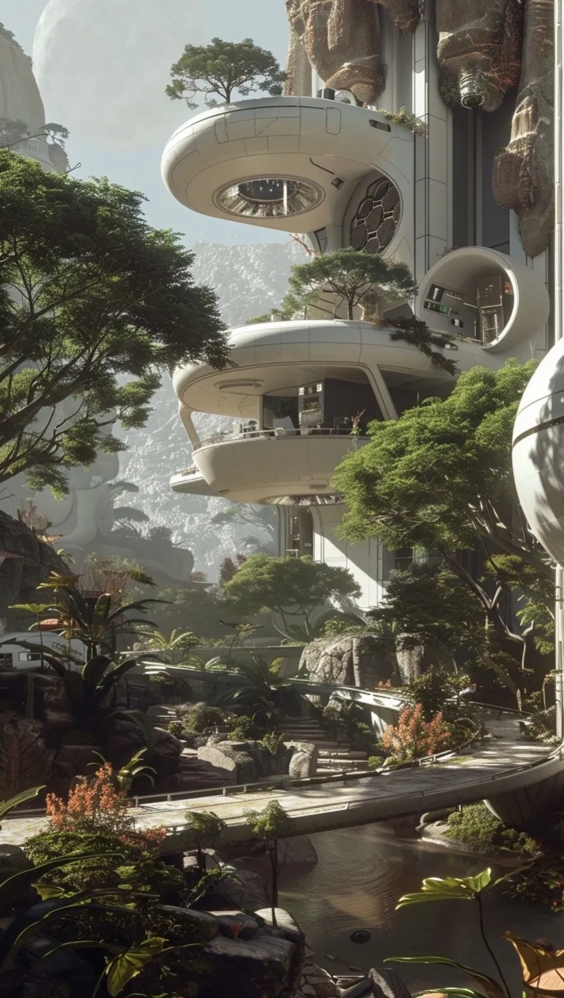 分享一组ai生成的未来建筑插画作品,它们构筑在深山之中,与山体融为