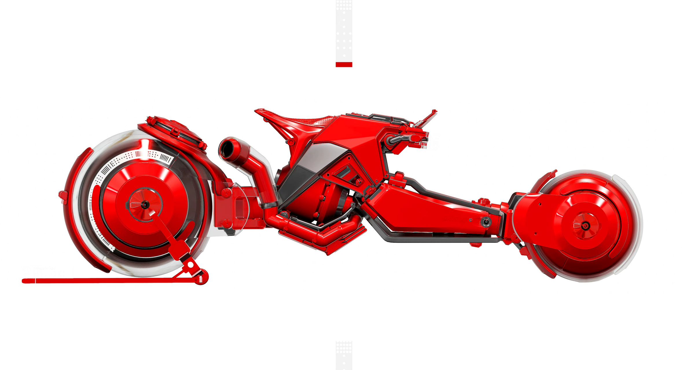 深红与银色交织,前卫的武器与摩托车载具构成科技感十足的画面