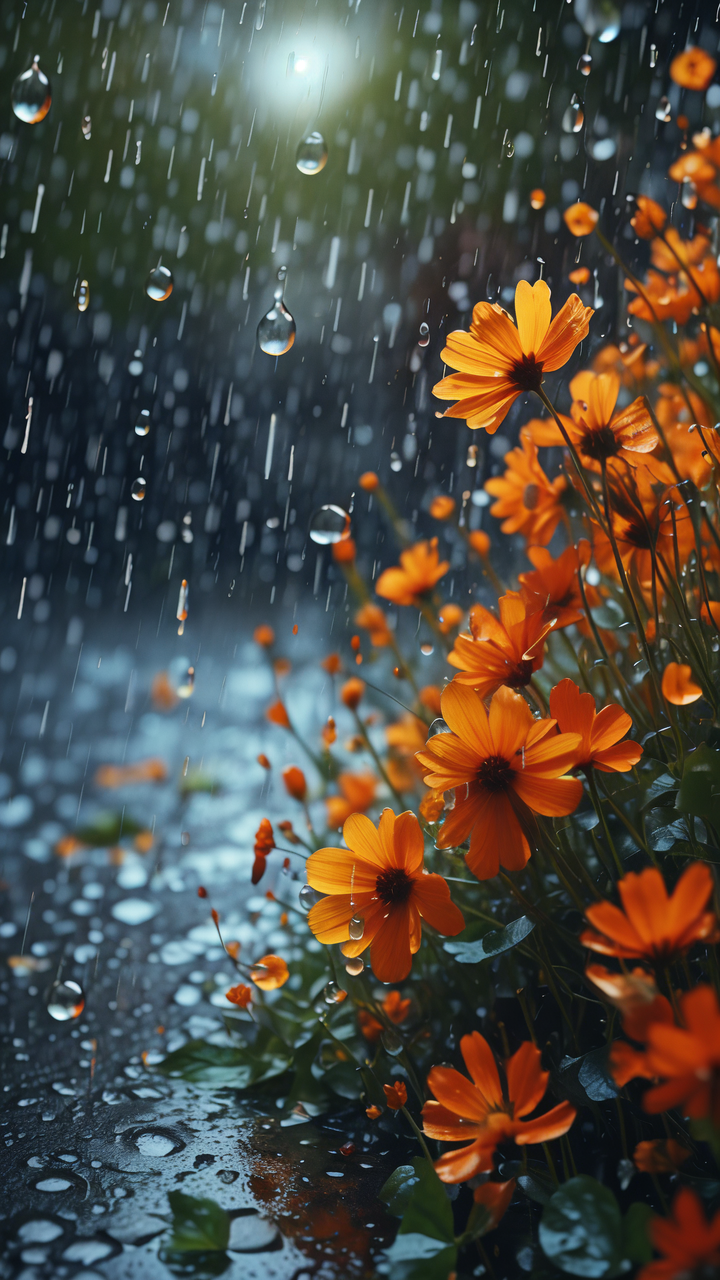 雨滴宛如精灵般跳跃,轻轻拍打在那些绚烂绽放的花朵之上,为夏日的热烈