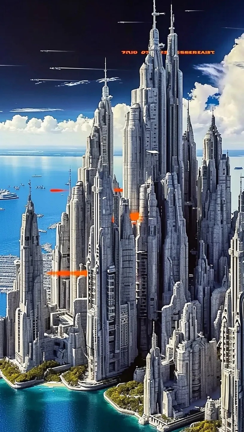 ai生成的一组未来风格城市场景作品,描绘了充满镜像效果与造型锐利的