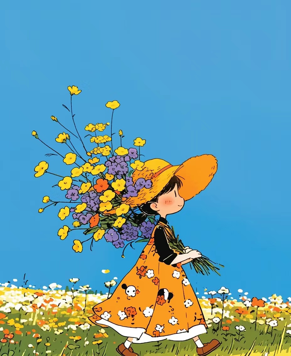 儿童插画,捧花的女孩