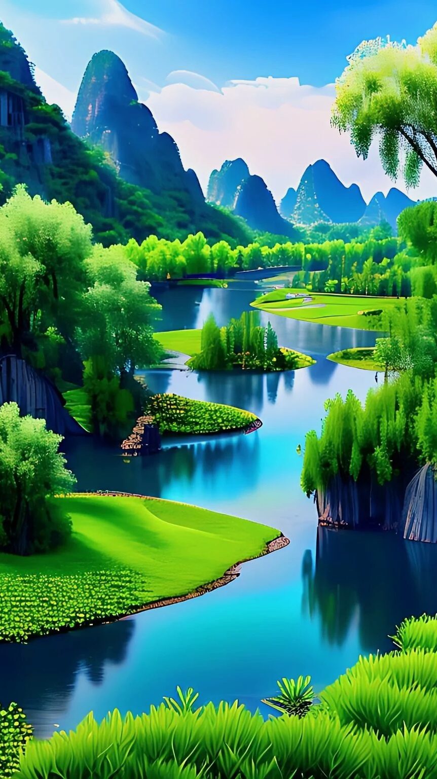 水面波澜不惊,却倒映出天地万物,仿佛一幅流动的画卷