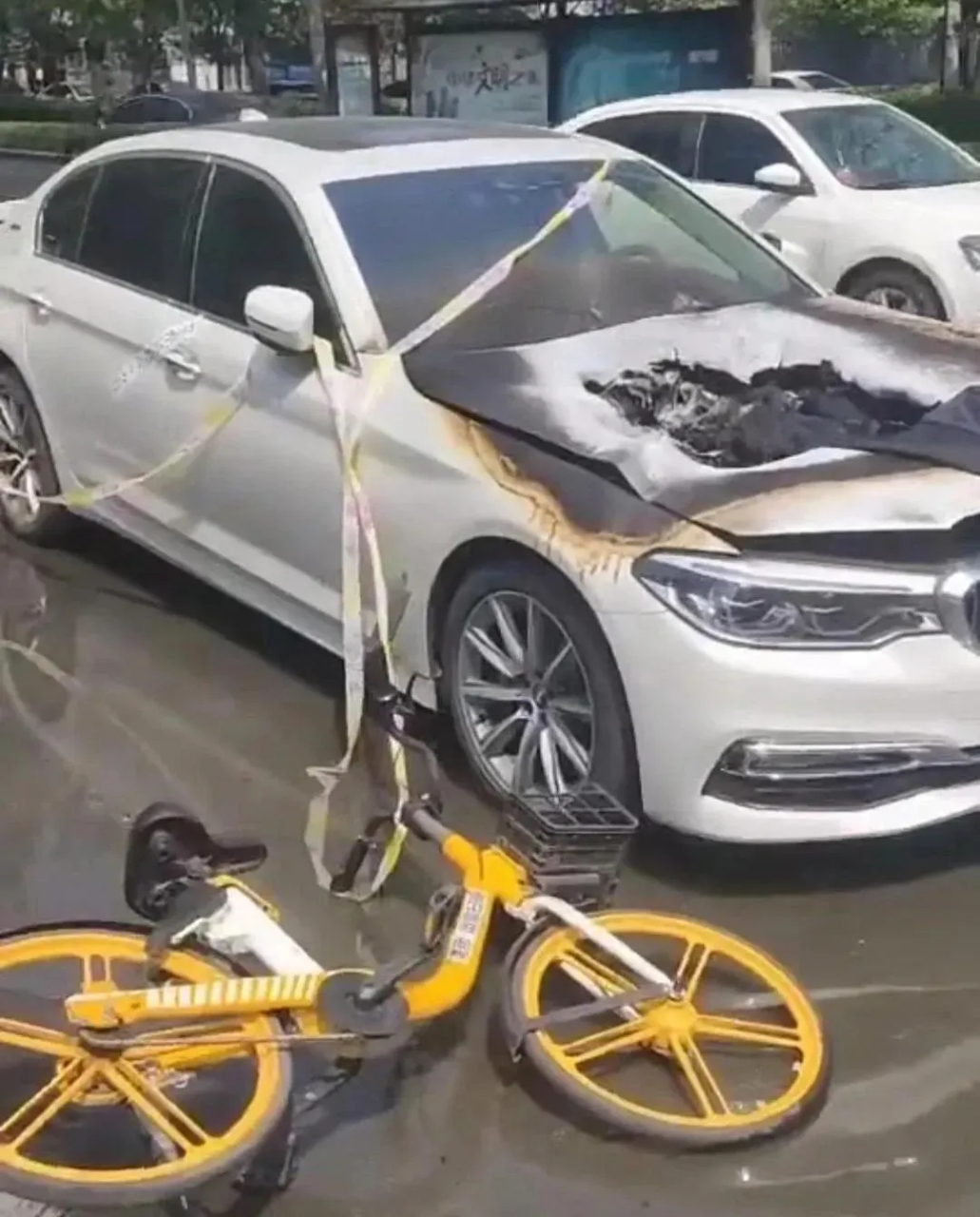 一辆电动车因自燃车标被覆盖住,你猜这是何种车?