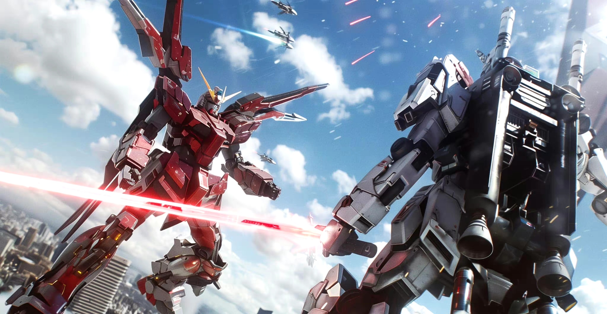 ai生成的一组机动战士高达插画作品,展现了高达机体之间战斗的场景,有