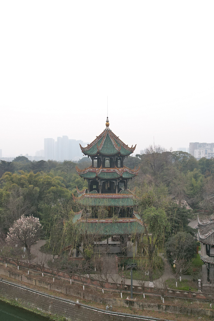 航拍成都锦江边上的望江楼古建筑群