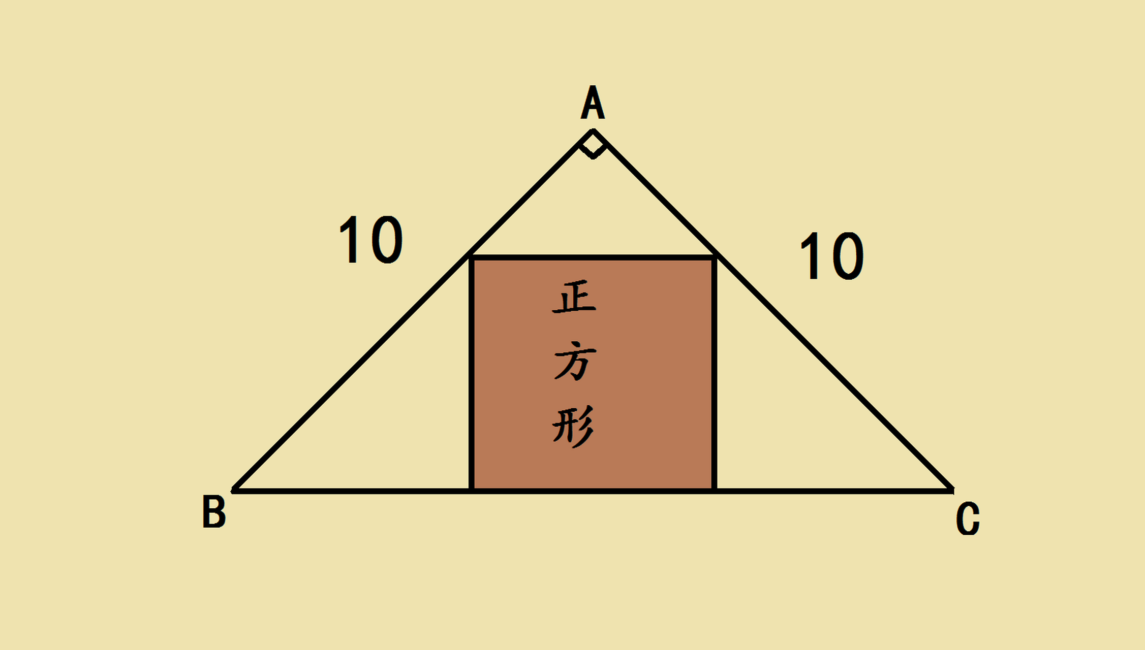 条件如图所示,已知等腰直角三角形abc,直角边是10,内有一正方形,求正