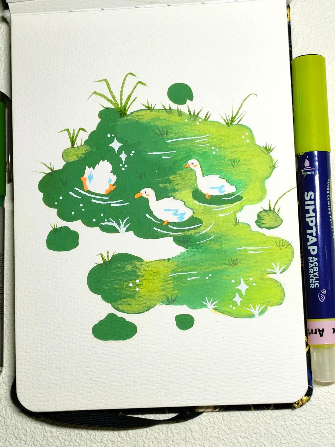 本来以为画的是草地 后来画到了水波纹 才发现应该是个小池塘