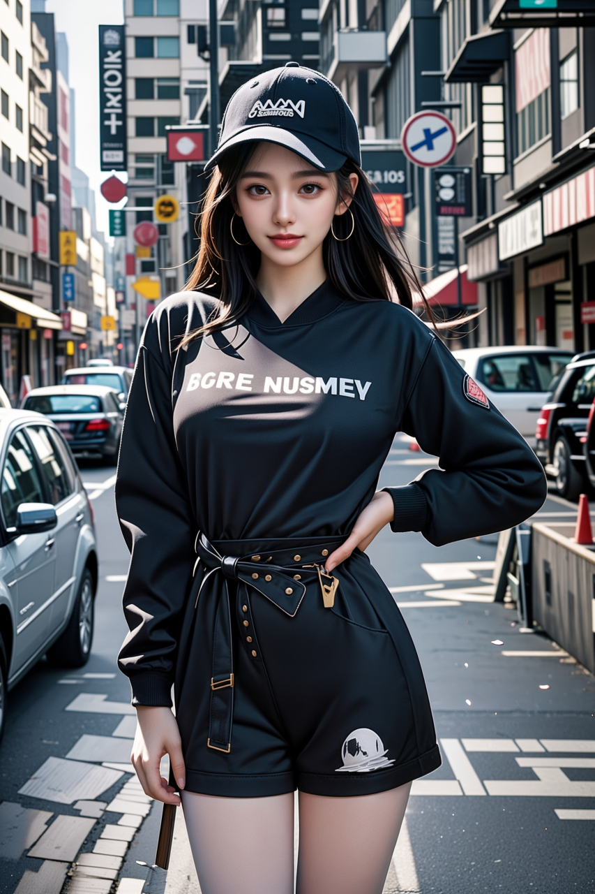 美女# #ai美女壁纸# 	阳光明媚的午后,大街上一位年轻人头戴棒球 