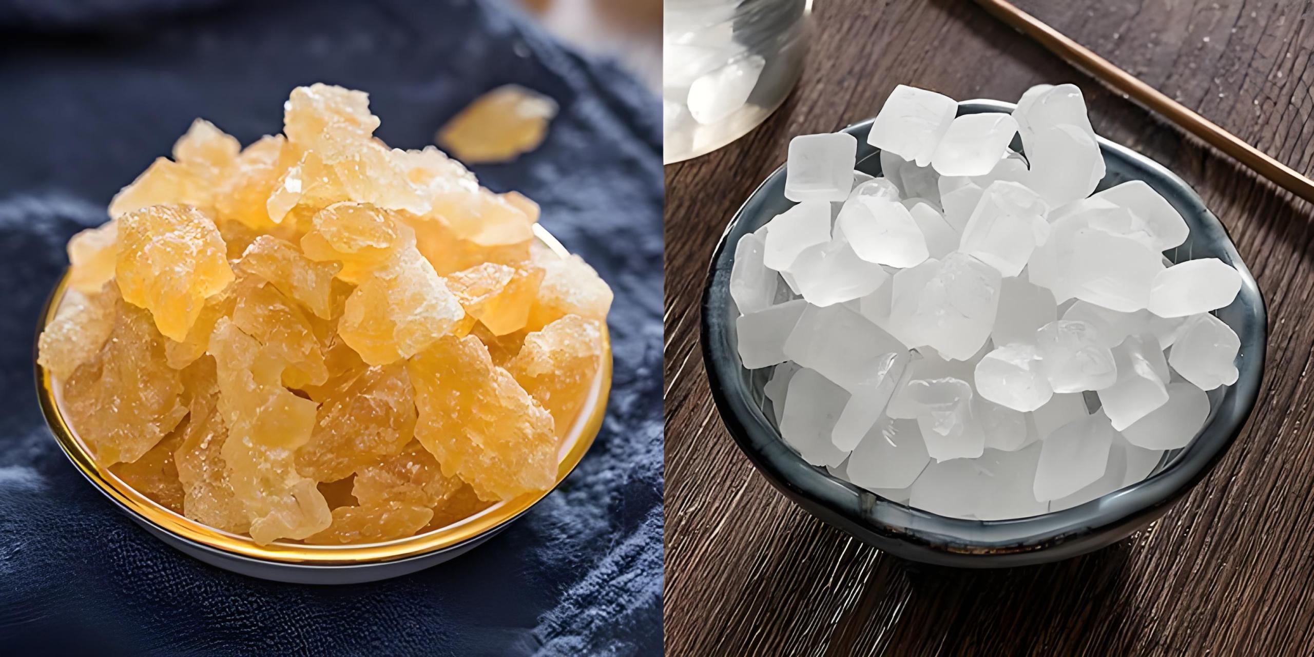 白冰糖透明纯度高,适合甜水;黄单晶含矿物质和蜜香更适合中药.