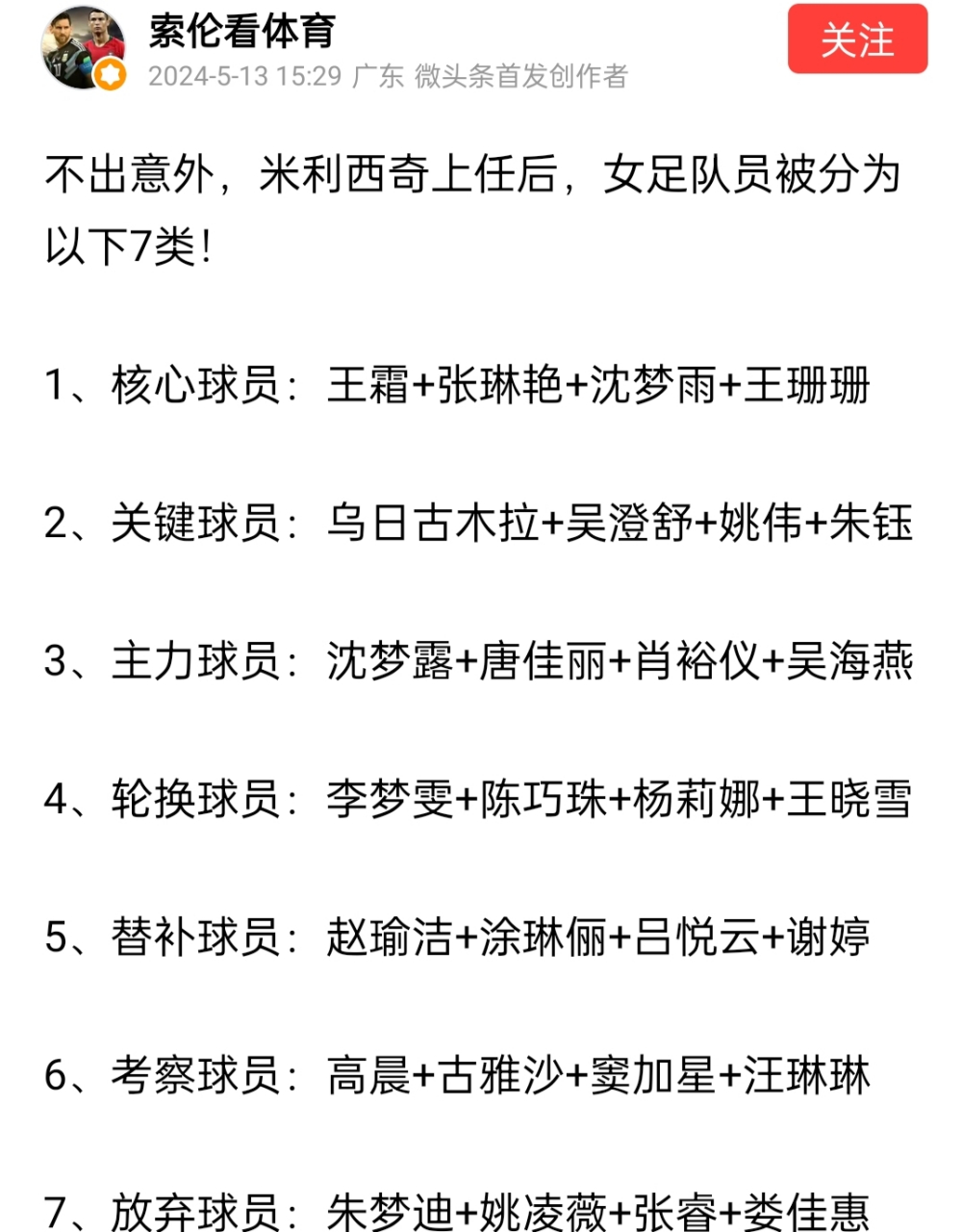 有的人连女足国家队的名单都不看, 就开始分析女足国家队队员了, 结果