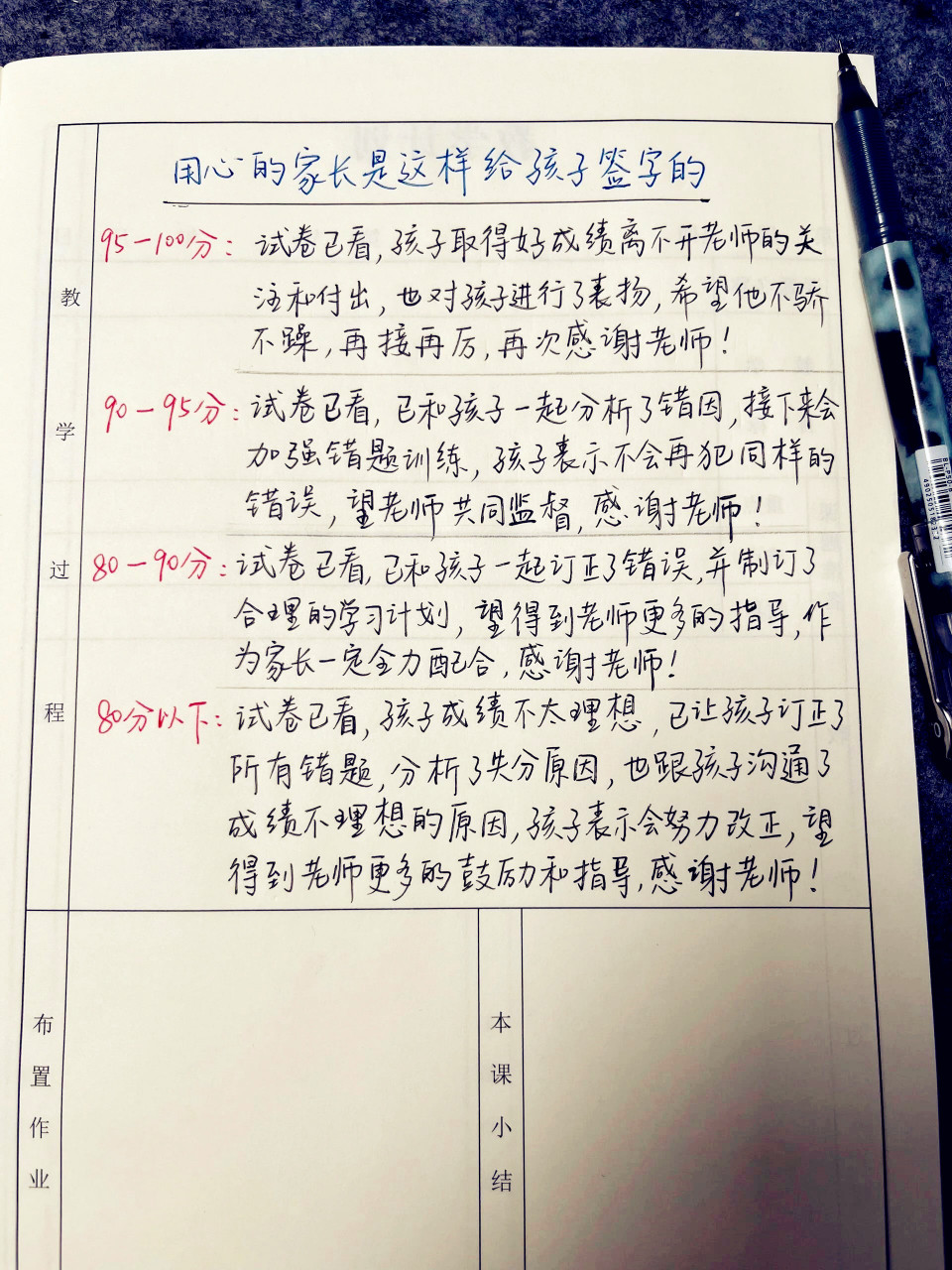 卷子签字家长评语简短图片